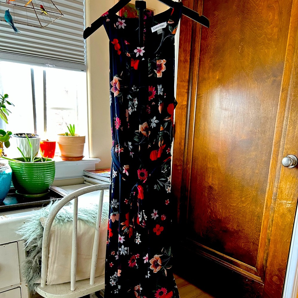 Calvin Klein Halter Neck Floral Chiffon Maxi Dress